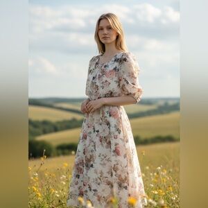 Mikarose Floral Midi Dress - Cream and Pink